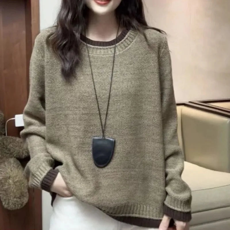 Jersey informal de punto bicolor con cuello redondo para mujer