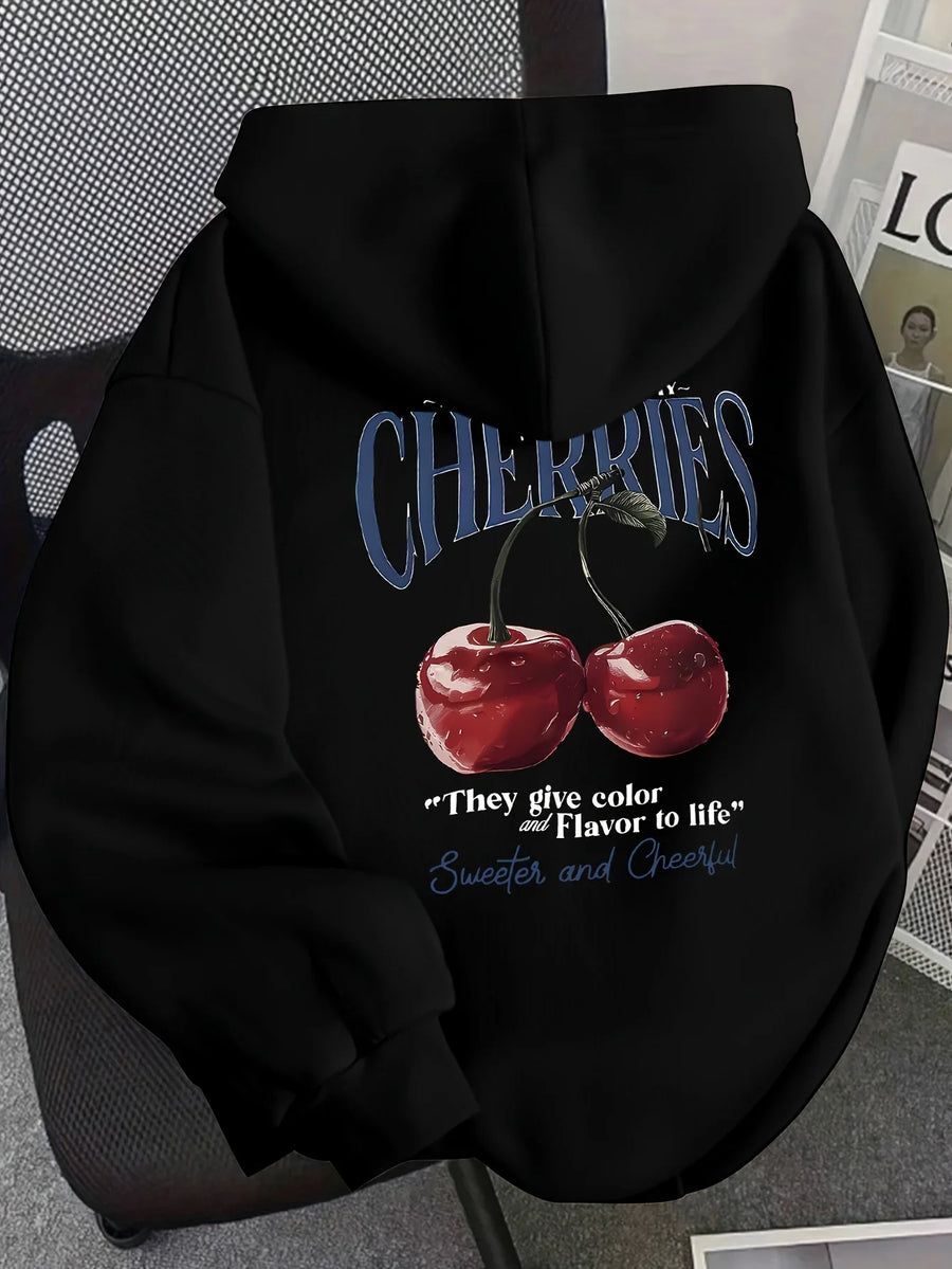 Damska bluza z kapturem „Cherries” z nadrukiem wiśni i tekstu, melanżowa szara