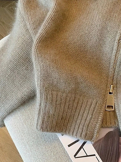 Chaqueta corta con cremallera y cuello contrastante para mujer – Estilo casual chic