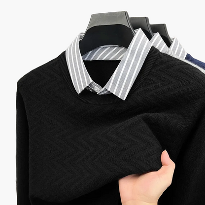Herrestrik med skjortekrave og lag-på-lag-effekt, casual chic stil, ideel til kontor og hverdag
