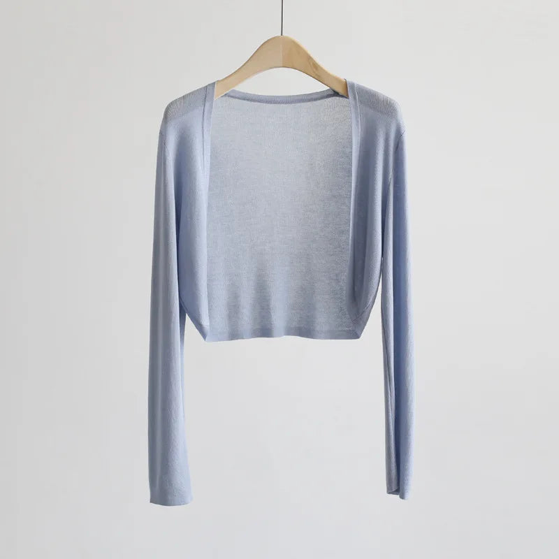 Gilet bolero corto da donna, leggero, tinta unita, aperto, a maniche lunghe