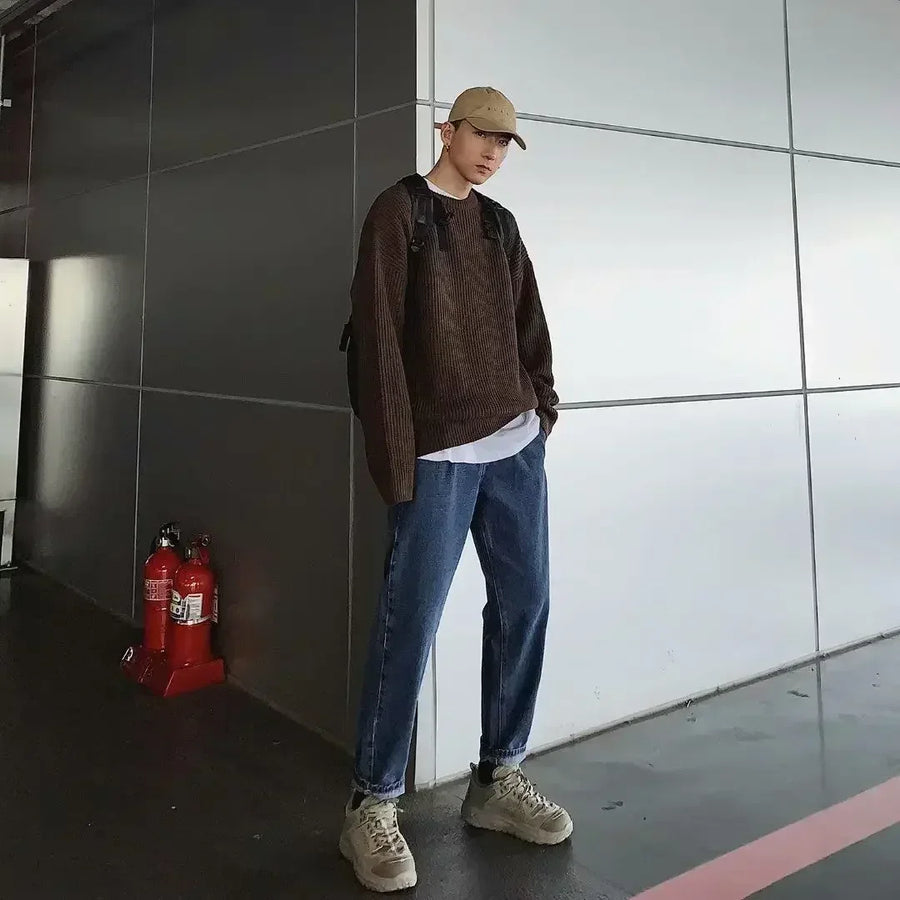 Pull ample à col rond et maille côtelée pour homme, décontracté, diverses couleurs