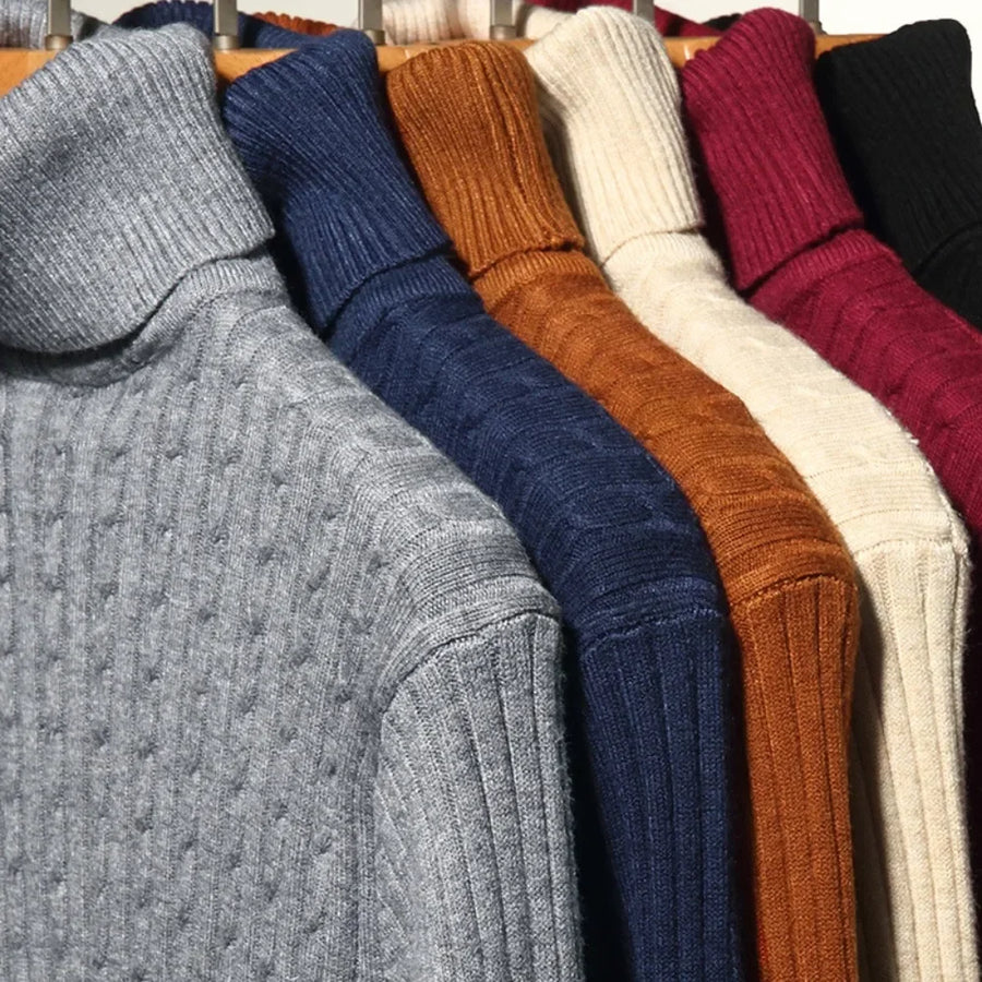 Pull Col Roulé Homme Torsadé Tricoté Couleur Unie Manches Longues