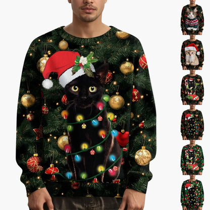 Felpa di Natale uomo con motivo gatto e maglione lavorato a maglia – Stile festivo e originale