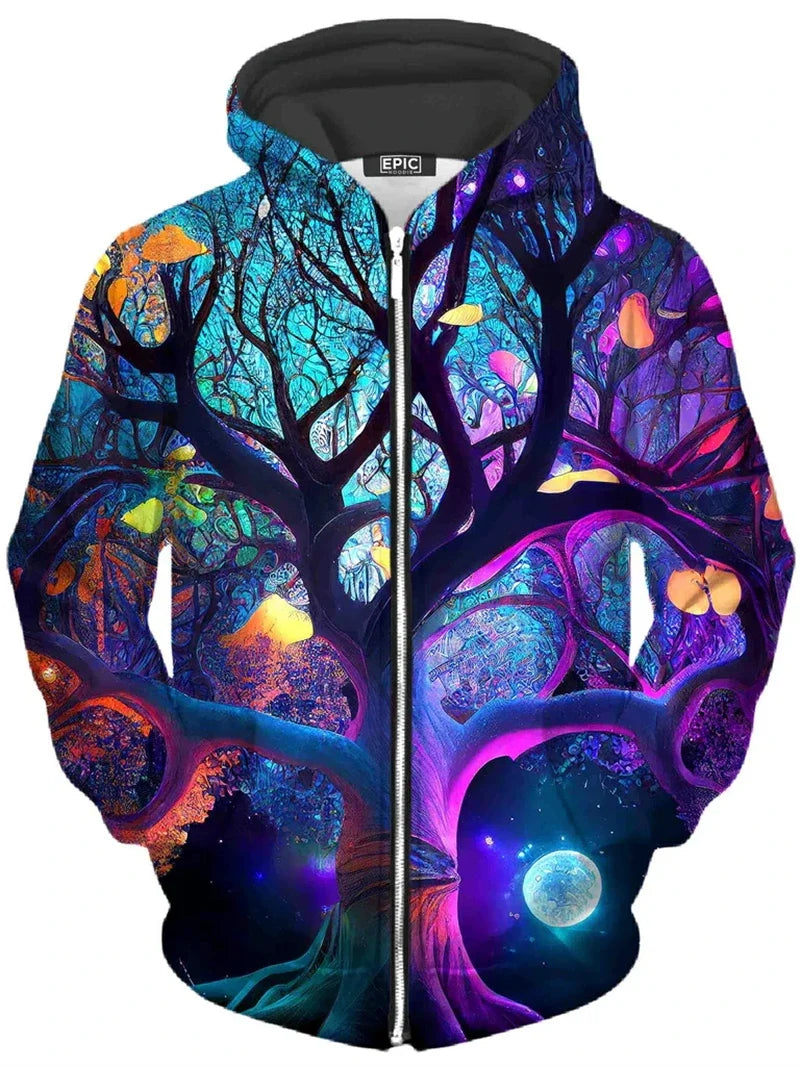 Felpa con cappuccio con zip e stampa grafica di albero e paesaggio colorati