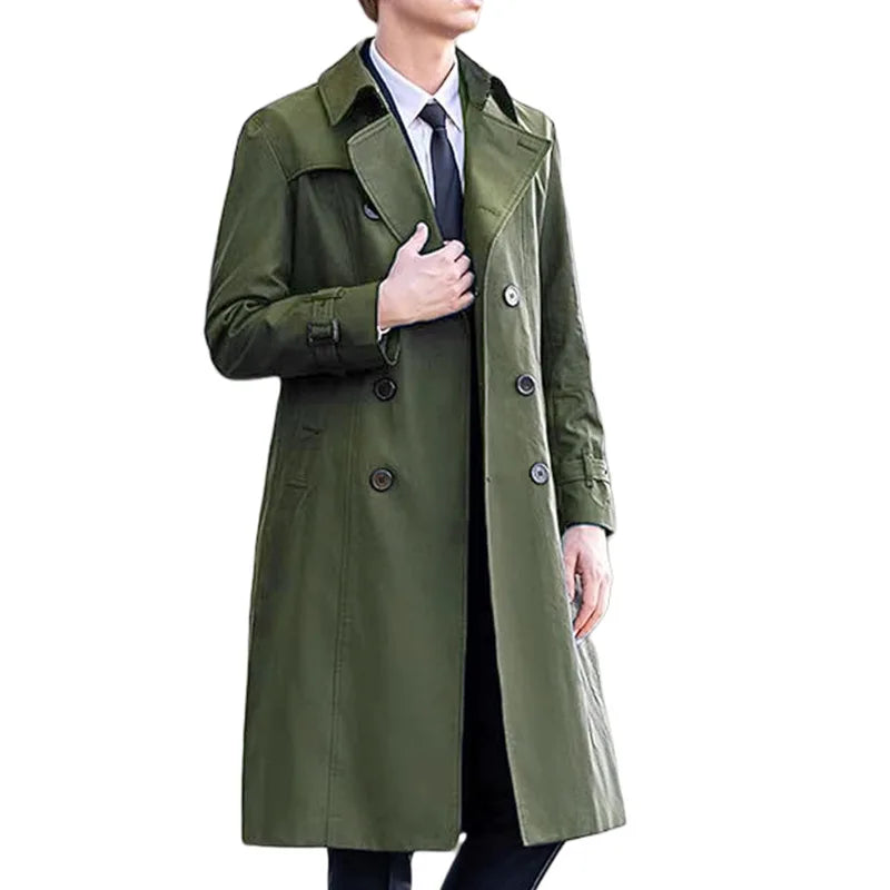 Lang trenchcoat for menn med dobbel knapperekke, klassisk snitt, belte og ermer