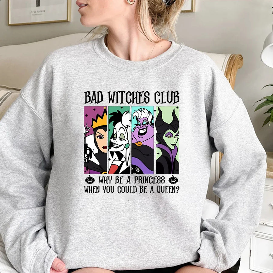 Damska bluza z okrągłym dekoltem i nadrukiem „Bad Witches Club”, z długimi rękawami, casualowa