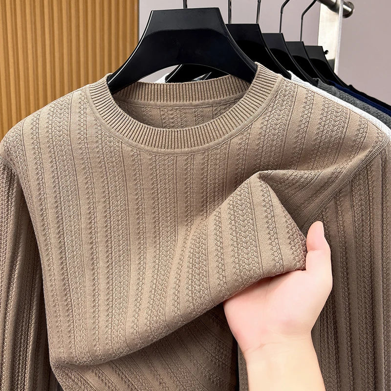 Pull léger homme col rond maille texturée gris clair uni