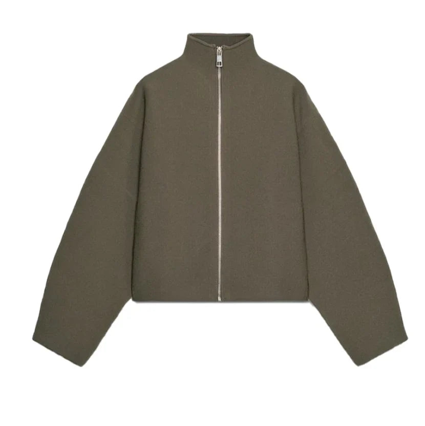 Khaki cropped jacket with stand collar and zip closure