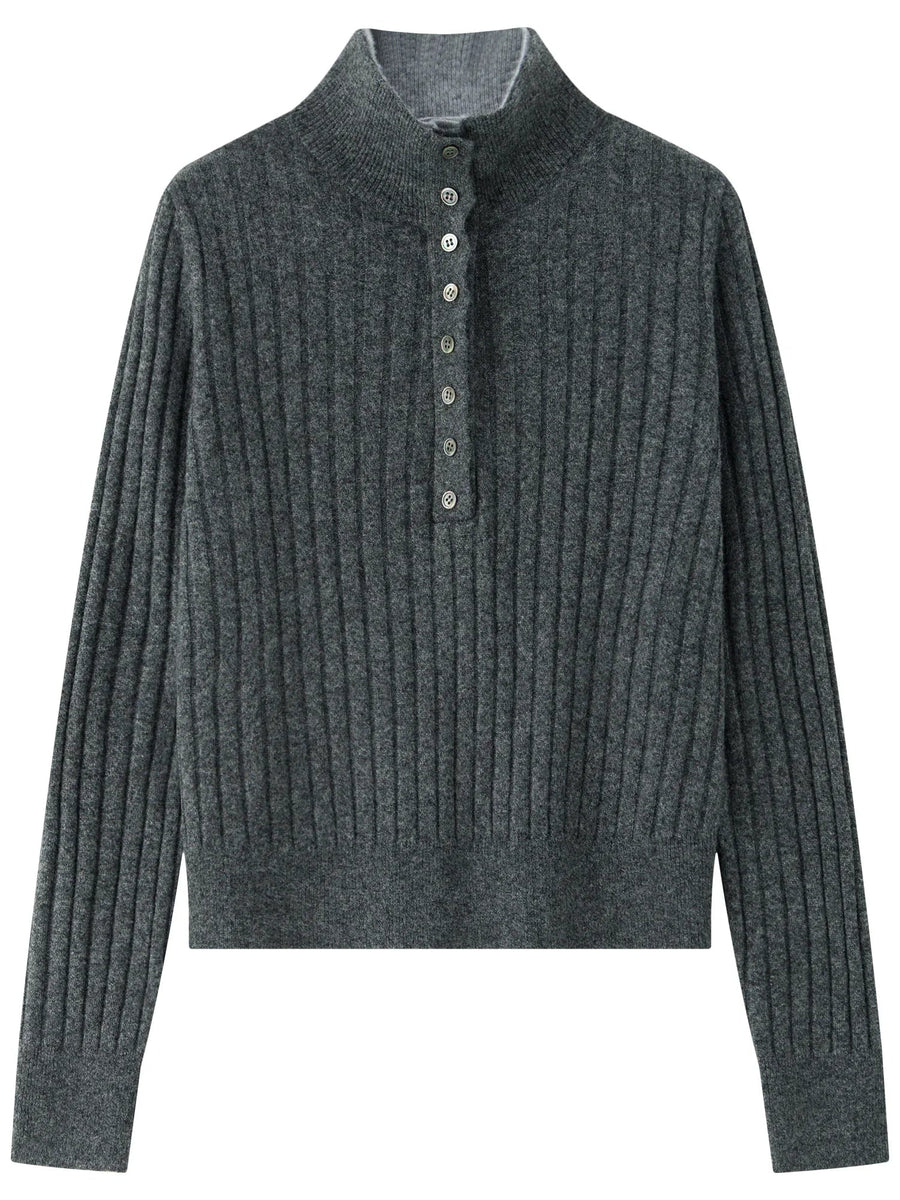 Damski sweter polo w kolorze antracytowym, z dzianiny prążkowanej i długimi rękawami