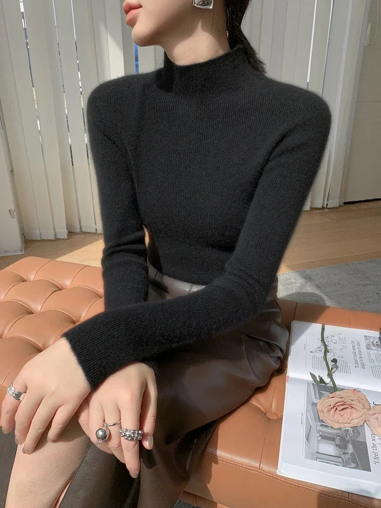 Pull col montant côtelé doux à manches longues pour femme