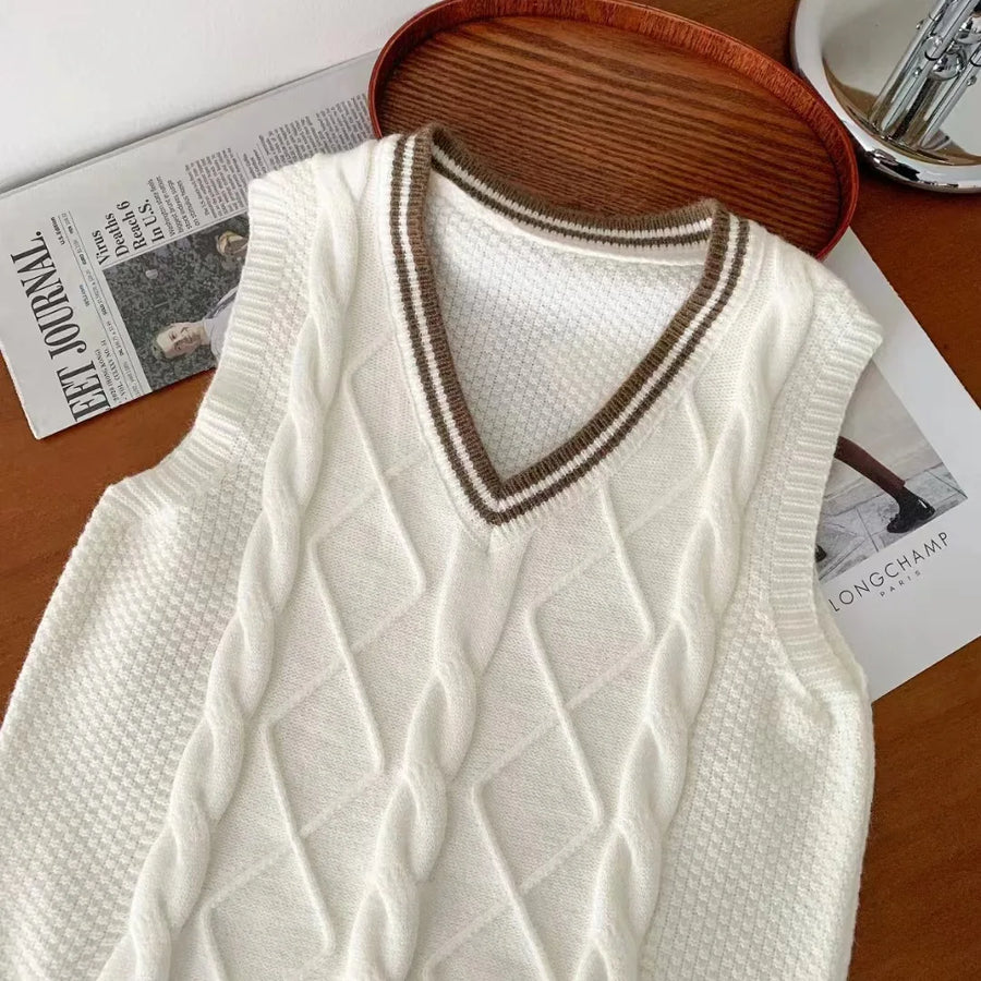 Gilet da donna senza maniche in maglia con scollo a V e motivi a trecce, stile preppy