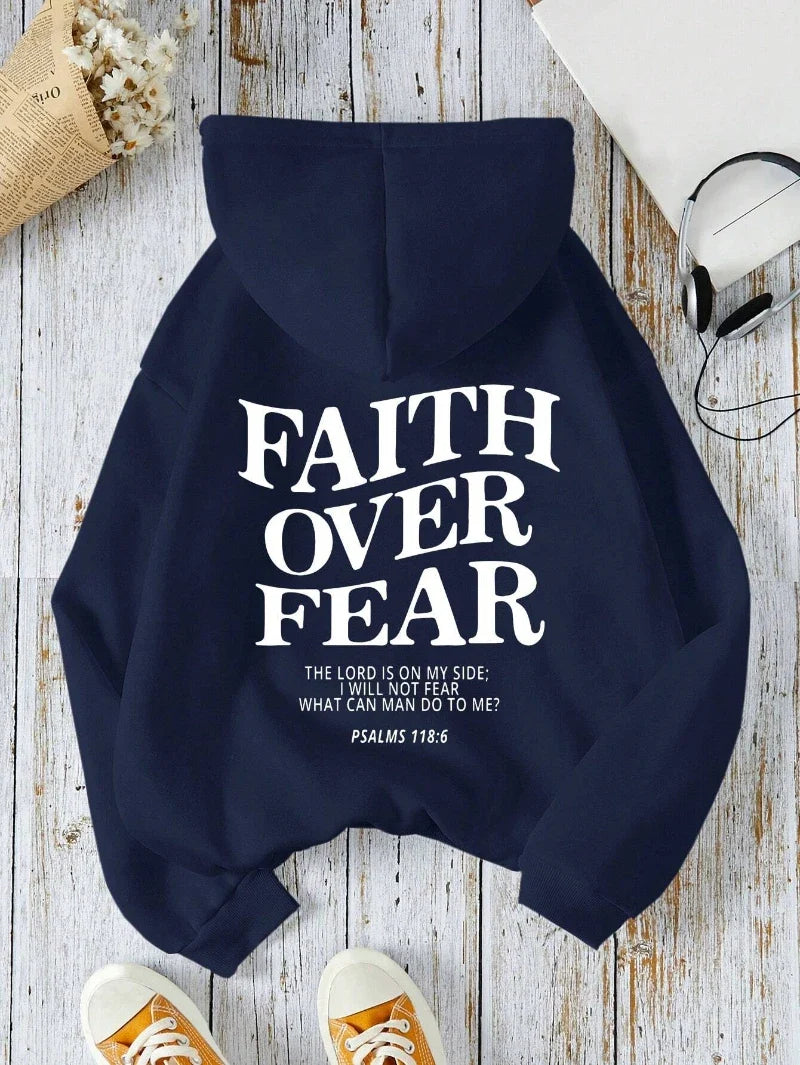 Felpa con cappuccio unisex a tinta unita con stampa "Faith Over Fear"