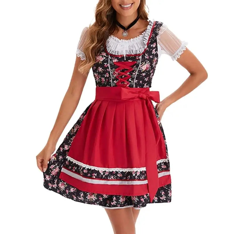 39BB ølkostume, dirndl, kjole, bluse, forklæde, tysk bayersk Oktoberfest-kostumesæt