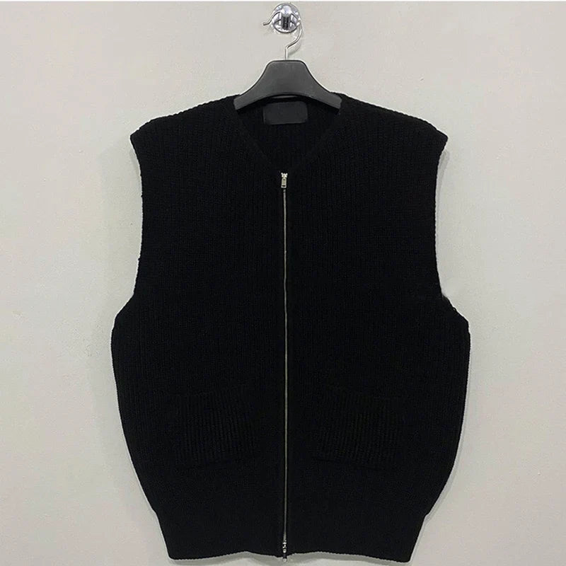 Gilet da uomo lavorato a maglia a coste con cerniera e tasche, grigio