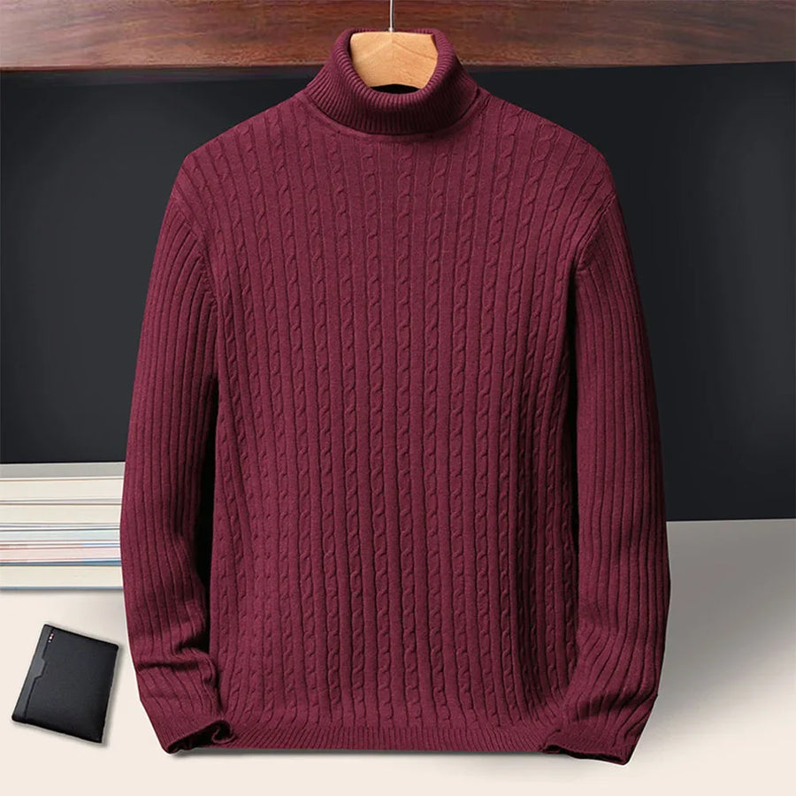 Pull Col Roulé Homme Torsadé Tricoté Couleur Unie Manches Longues