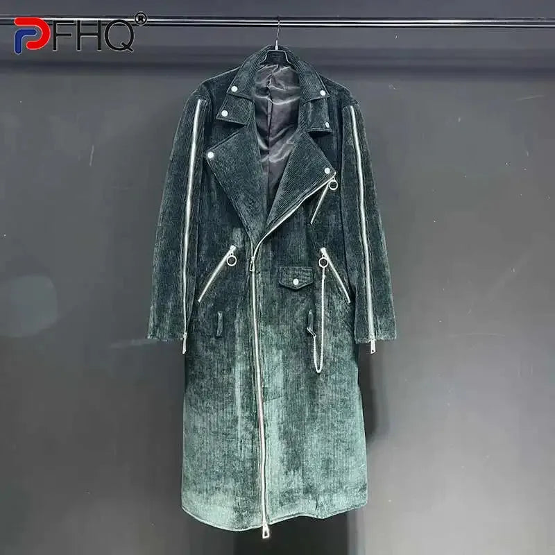 Abrigo largo acanalado verde oscuro para hombre, de estilo motero y con cremallera