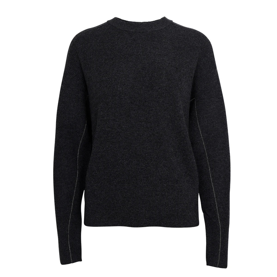 Gerippter Damenpullover mit Rundhalsausschnitt - Cremeweiß, Anthrazitgrau, Beige - Legere Passform