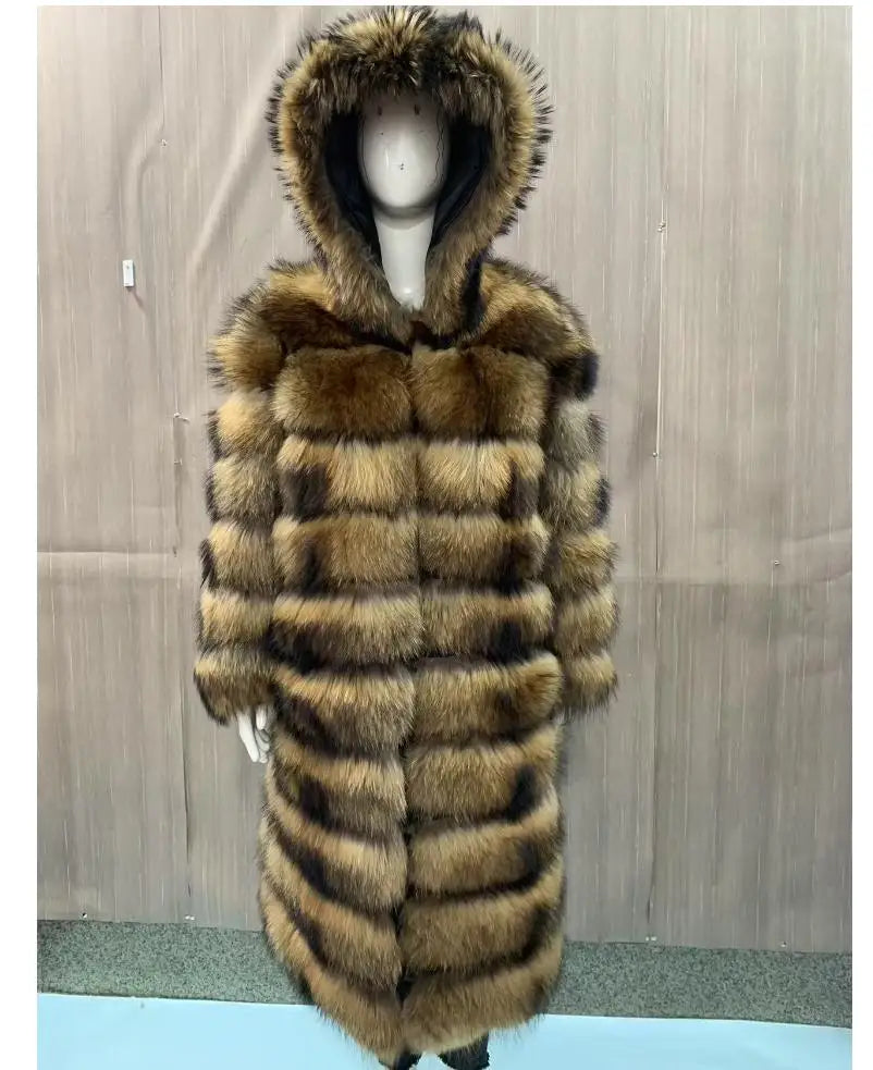Manteau long à capuche aspect fourrure marron clair et foncé