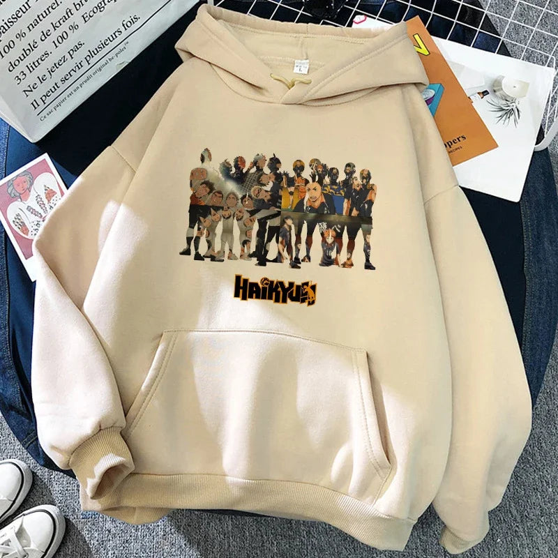 Unisex hettegenser med Haikyuu-grafikktrykk, avslappet stil