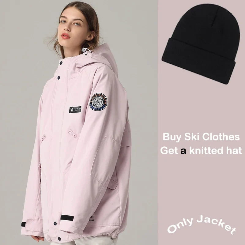 Giacca da sci impermeabile unisex con cappuccio, bianco sporco per snowboard e sport invernali