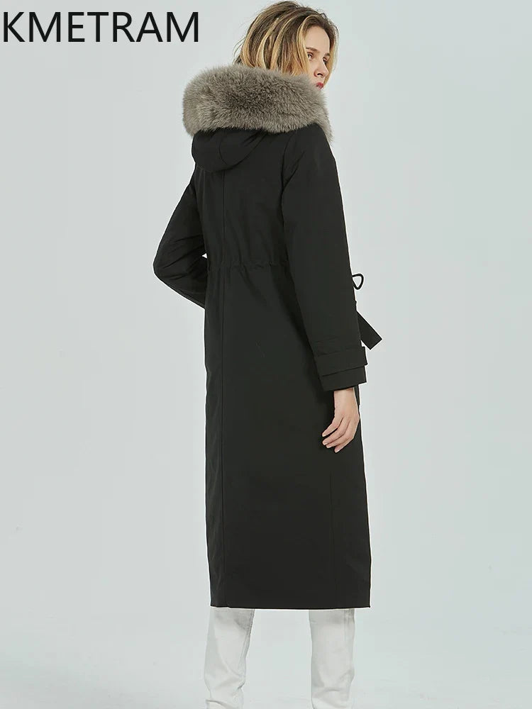 Black long parka for women with a hood and gray faux-fur lining