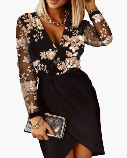 Abito da sera donna elegante stile cocktail con paillettes, maniche lunghe, taglio alla moda