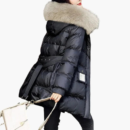 Cappotto piumino donna con cappuccio e collo in pelliccia stile urbano inverno caldo