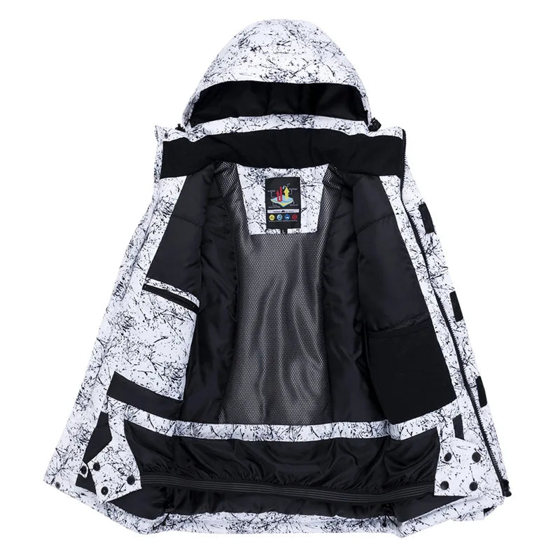 Veste de ski imperméable multicolore à capuche et motif abstrait pour sports d'hiver