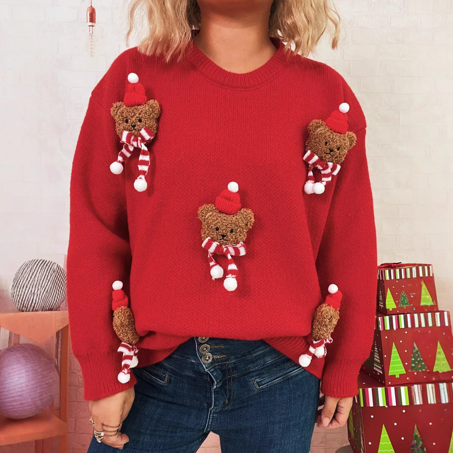 Rød julesweater med 3D-bamser