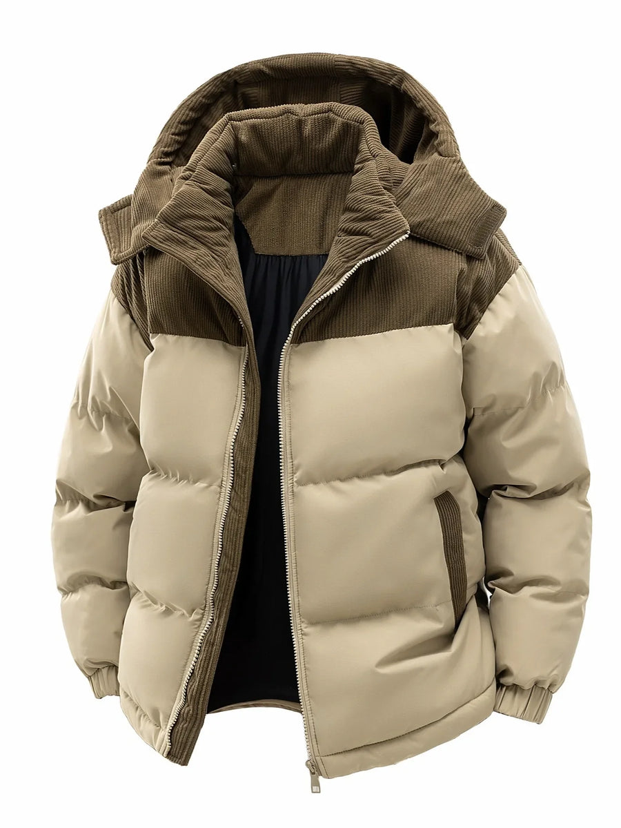 Black two-tone quilted hooded puffer jacket with corduroy-style design