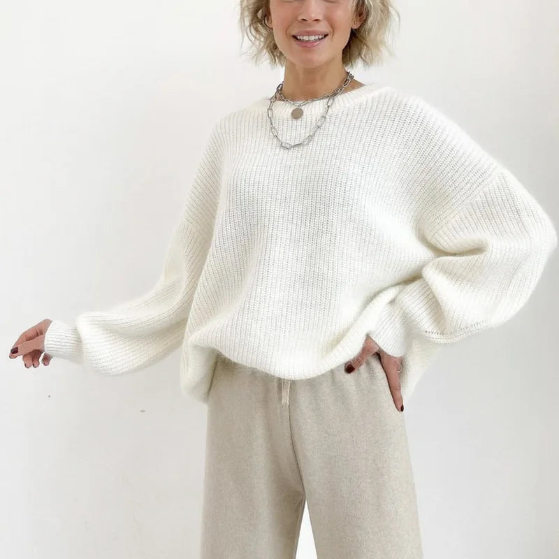 Jersey holgado de punto de canalé para mujer, con cuello redondo y mangas largas