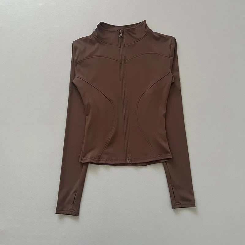 Chaqueta deportiva con cremallera para mujer, cuello alto, mangas largas y orificios para los pulgares, para entrenar