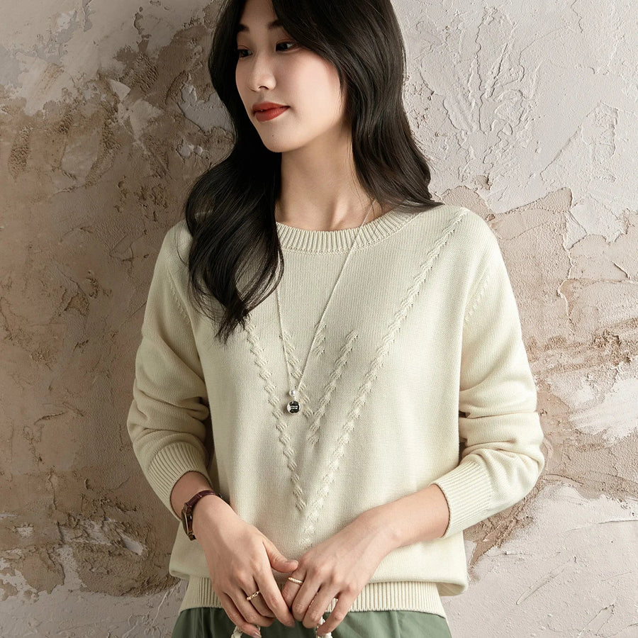 Pull femme en maille légère à col rond et motif en V texturé, manches longues