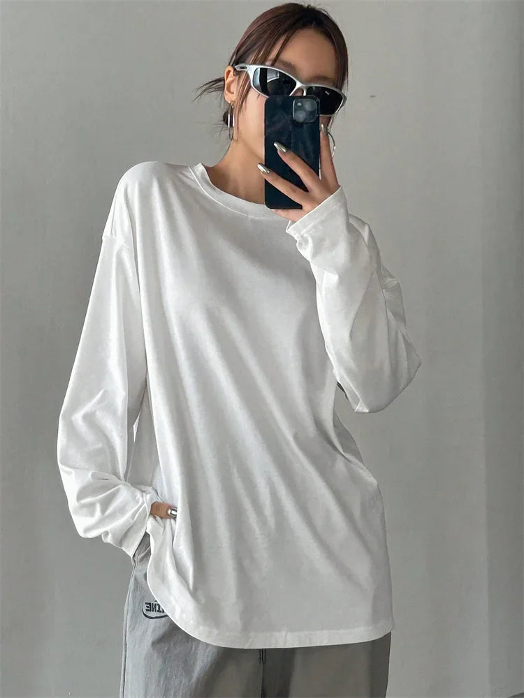 Damen-Oversize-T-Shirt mit langen Ärmeln, Rundhalsausschnitt und einfarbigem Design