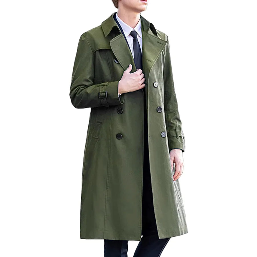 Lang trenchcoat for menn med dobbel knapperekke, klassisk snitt, belte og ermer