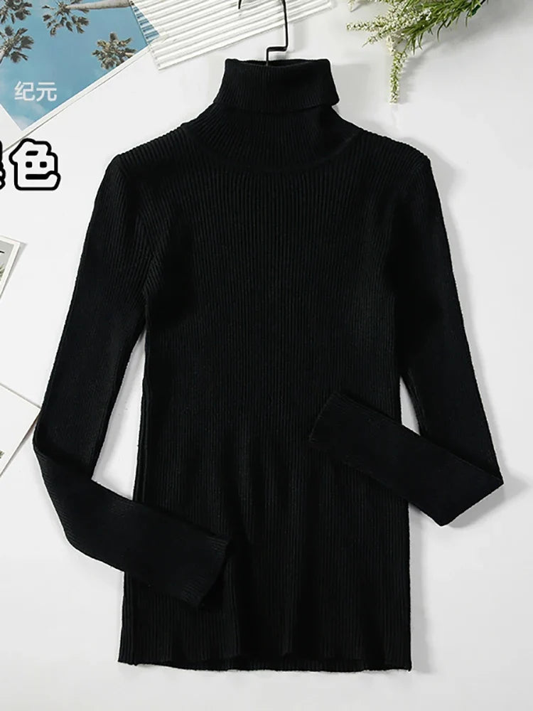 Damen-Rollkragenpullover aus Rippstrick mit langen Ärmeln, einfarbig