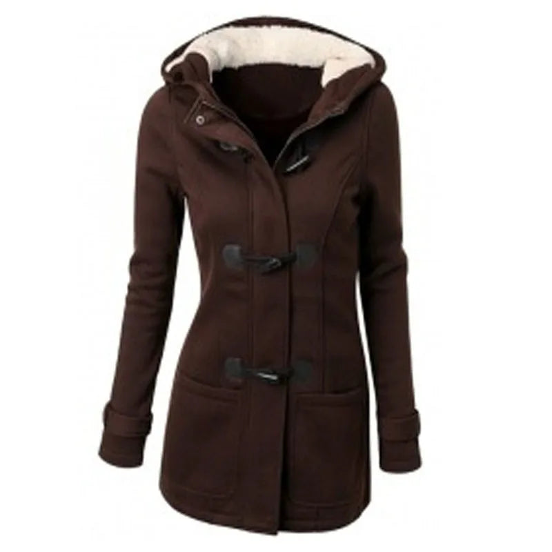Duffle coat da donna nero con cappuccio foderato in pelliccia e alamari
