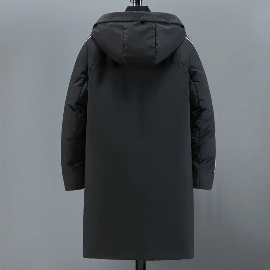 Manteau à capuche homme noir long avec fermeture éclair double et bandes blanches