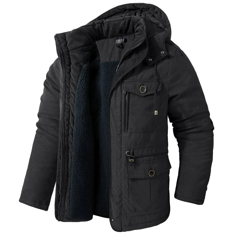 Vadderad herrparka med huva, mjukt foder i beige och khaki samt flera fickor