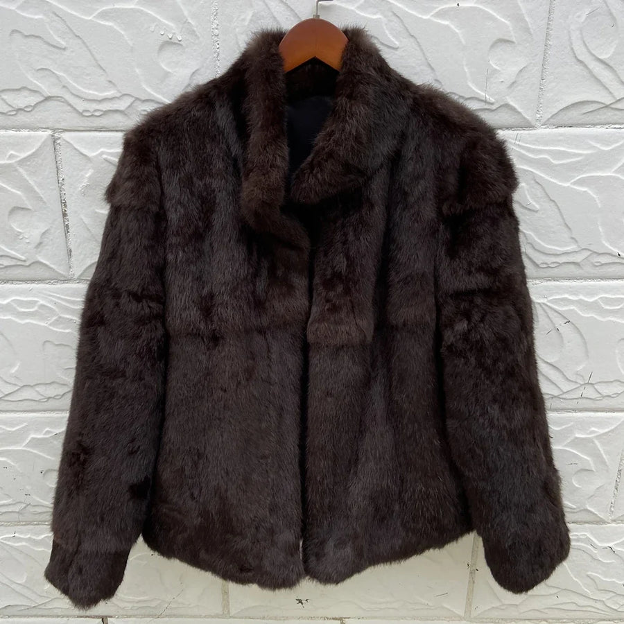 Veste courte femme en fourrure synthétique élégante, col montant, manches longues