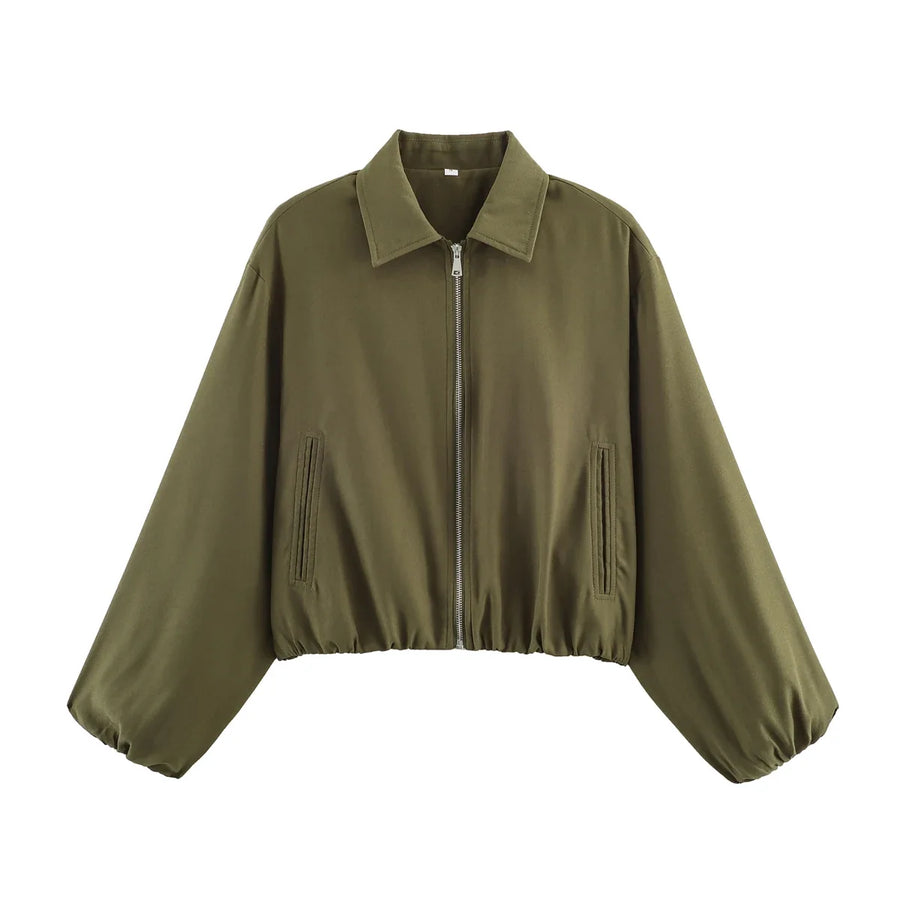 Women's Plain Short Women's Jacket with Zipper and Classic Collar