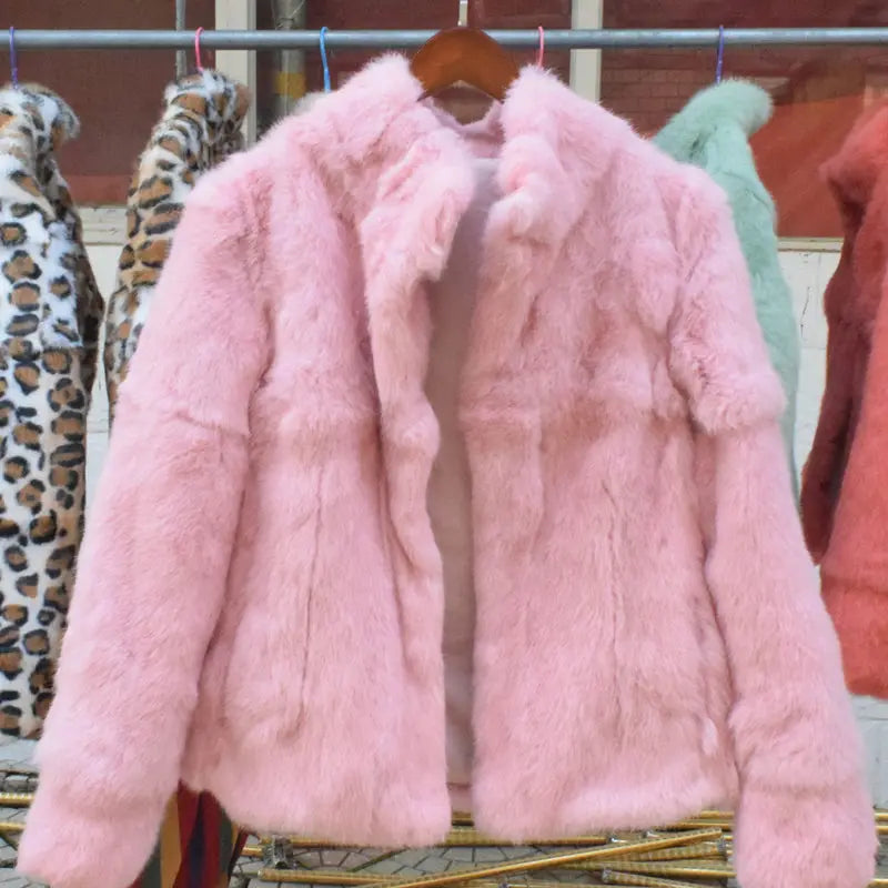 Veste courte femme en fourrure synthétique élégante, col montant, manches longues