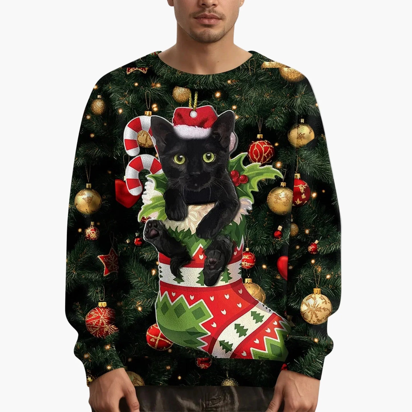 Felpa di Natale uomo con motivo gatto e maglione lavorato a maglia – Stile festivo e originale
