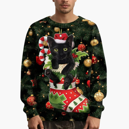 Felpa di Natale uomo con motivo gatto e maglione lavorato a maglia – Stile festivo e originale