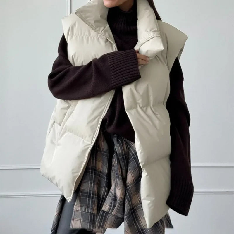 Gilet piumino da donna senza maniche, imbottito, con collo alto, grigio