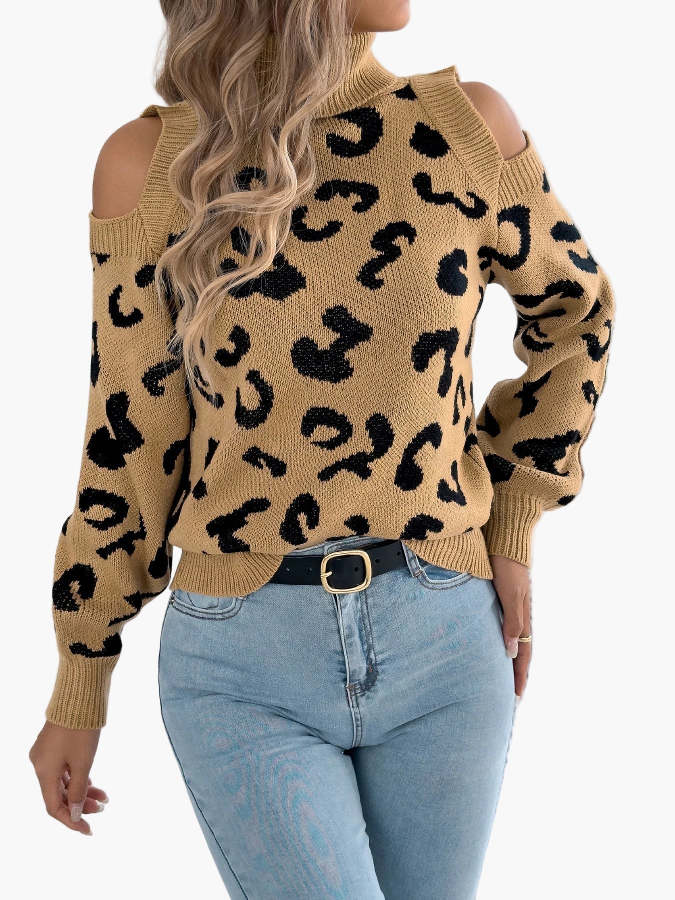 Jersey de mujer a la moda con hombros descubiertos y estampado de leopardo estilo urbano