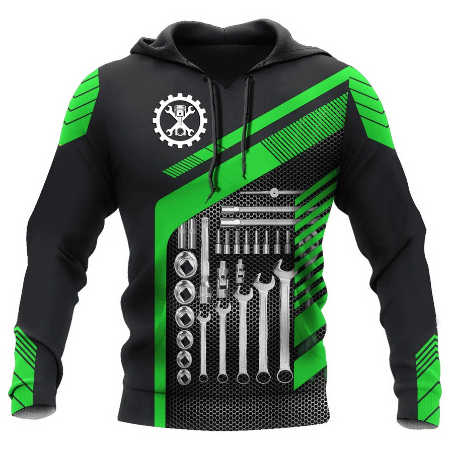 Sweat à Capuche Homme Imprimé Mécanicien Moteur Engrenages Outils