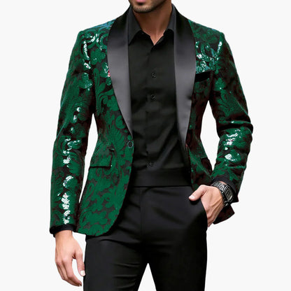 Herrfestkavaj i smokingstil med broderade mönster, perfekt för eleganta evenemang och fester