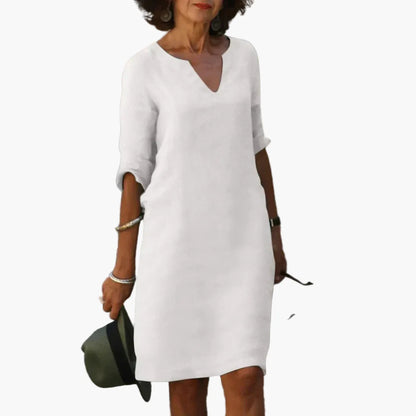 Robe Femme Élégante Décontractée à Col V et Manches 3/4 – Style Polyvalent pour Bureau et Loisirs